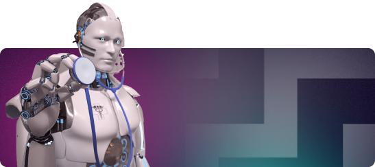 A humanoid robot as a medical assistant with a stethoscope illustrates Emergency Response Solutions.