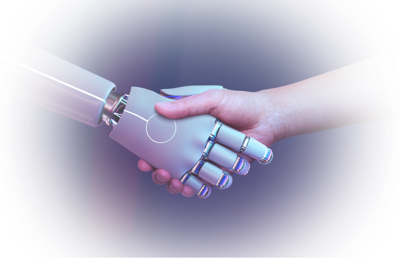 A human and robot shaking hands.